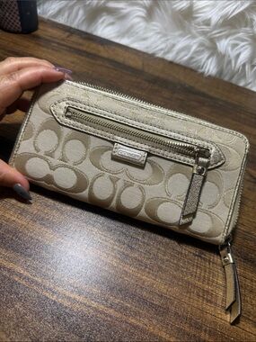 Coach Beige Signature Zip Wallet with Front Zip Pocket